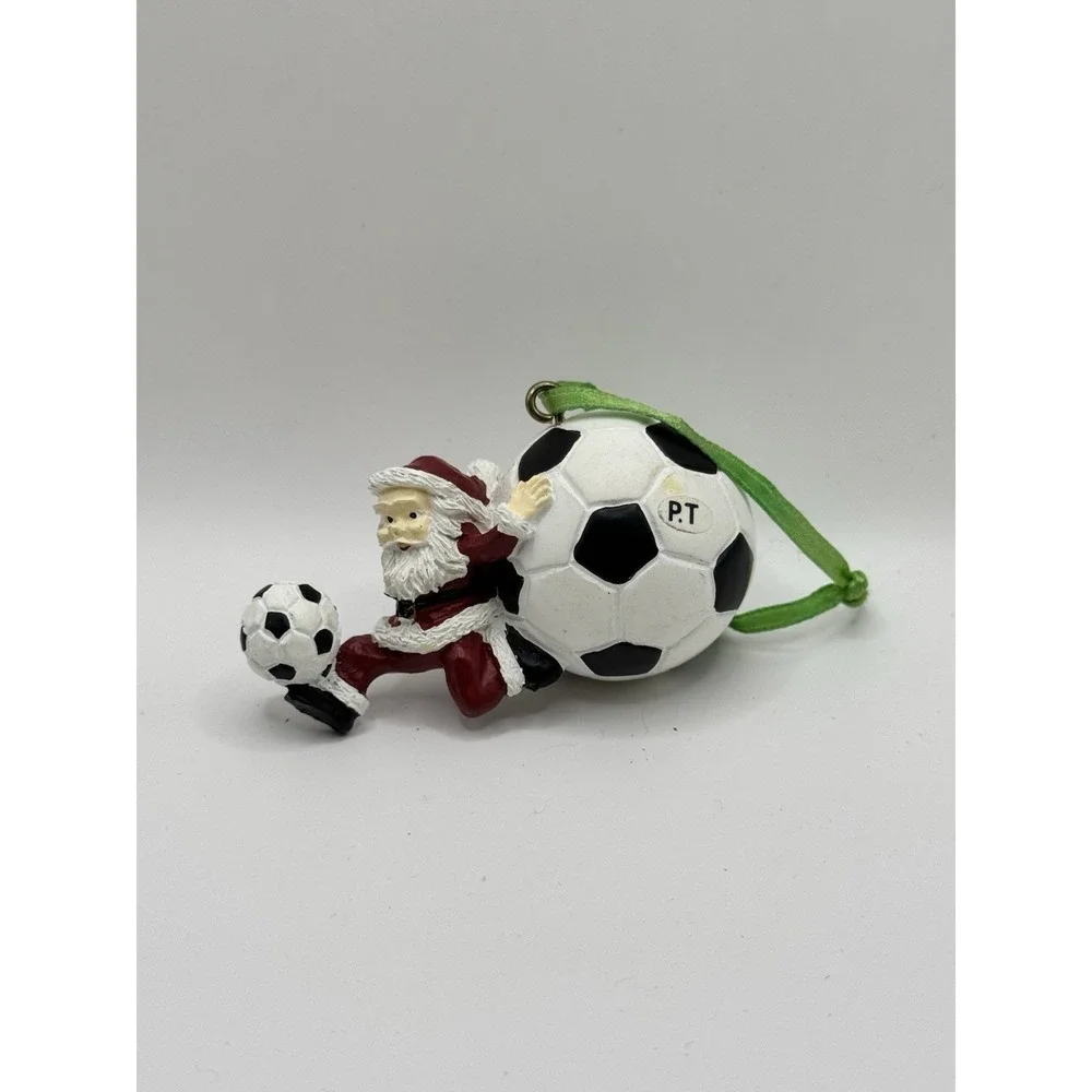 SANTA PLAYING SOCCER SOCCER BALLS Vintage‎ Christmas Ornament RESIN Vintage Coll
